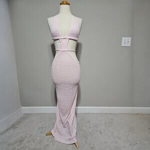 Pink Crochet Cutout Maxi Dress Halter Backless Beach Vacation Knit Long Dress